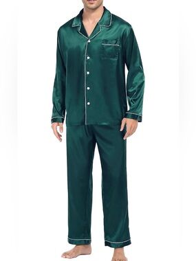 Amazon Men's Dark Green Satin Pajama Set with White Piping